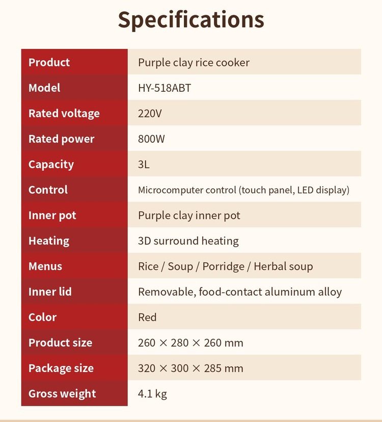 Purple clay rice cooker 3L HY-518ABT – details 3